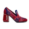 Red and blue knit style block heel high heel with graphic knit design