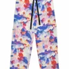 Red and blue silk painterly print plunge neck peplum top and trouser set