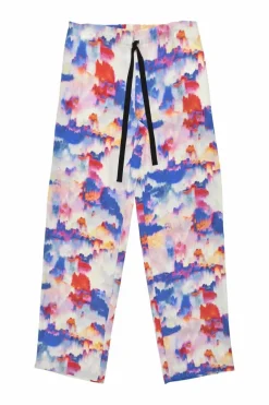 Red and blue silk painterly print plunge neck peplum top and trouser set