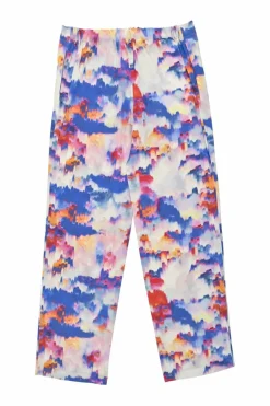 Red and blue silk painterly print plunge neck peplum top and trouser set