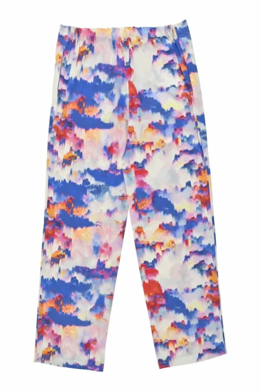 Red and blue silk painterly print plunge neck peplum top and trouser set