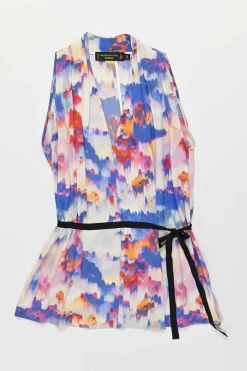 Red and blue silk painterly print plunge neck peplum top and trouser set