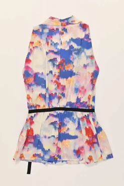 Red and blue silk painterly print plunge neck peplum top and trouser set