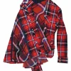 Red and navy cotton-blend mixed-media tie-waist boro shirt skirt with handkerchief hem