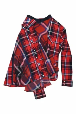 Red and navy cotton-blend mixed-media tie-waist boro shirt skirt with handkerchief hem