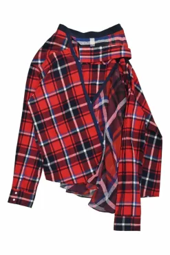 Red and navy cotton-blend mixed-media tie-waist boro shirt skirt with handkerchief hem