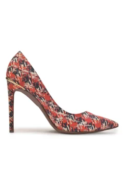 Red and navy fabric bouclé digi-print pointed-toe pumps
