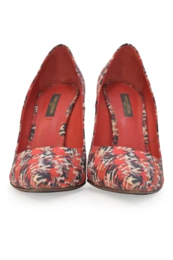 Red and navy fabric bouclé digi-print pointed-toe pumps