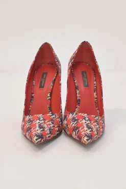 Red and navy fabric bouclé digi-print pointed-toe pumps