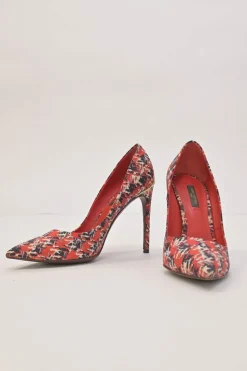 Red and navy fabric bouclé digi-print pointed-toe pumps
