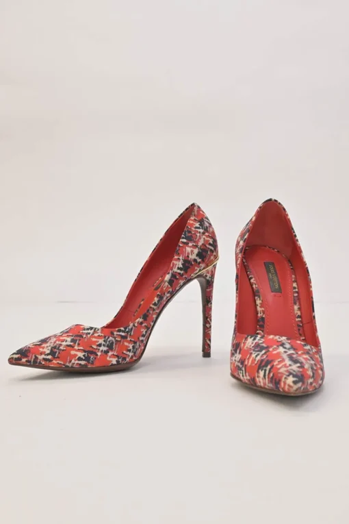 Red and navy fabric bouclé digi-print pointed-toe pumps