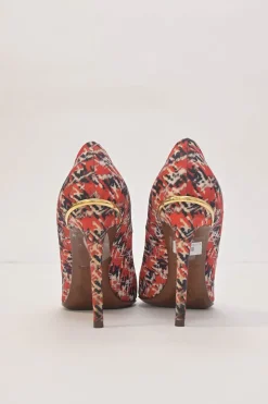 Red and navy fabric bouclé digi-print pointed-toe pumps