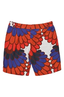 Red and purple cotton floral print tailored Bermuda shorts