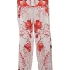 Red bias-cut silk abstract print pull-on straight-leg lounge pants with waist adjusters