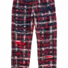 Red, black and white plaid check skinny pants with distressed details