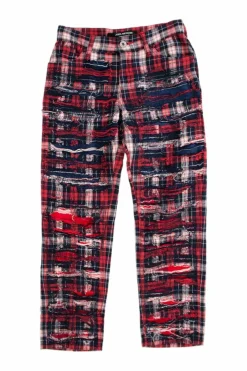 Red, black and white plaid check skinny pants with distressed details
