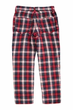 Red, black and white plaid check skinny pants with distressed details