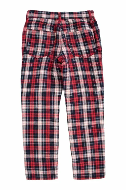 Red, black and white plaid check skinny pants with distressed details