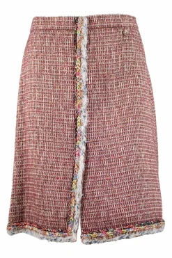 Red, brown, white and gold tweed pencil skirt with multi-colour trim