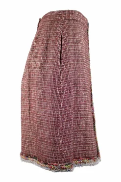 Red, brown, white and gold tweed pencil skirt with multi-colour trim