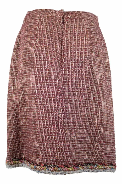 Red, brown, white and gold tweed pencil skirt with multi-colour trim