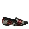 Red check tweed and leather round-toe slip-on loafers with contrasting Coco Mark topstitched cap toe