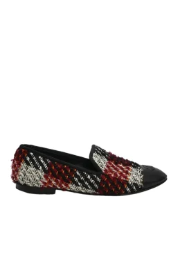 Red check tweed and leather round-toe slip-on loafers with contrasting Coco Mark topstitched cap toe