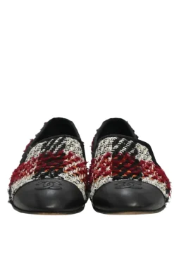 Red check tweed and leather round-toe slip-on loafers with contrasting Coco Mark topstitched cap toe