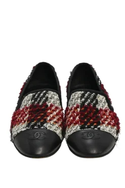 Red check tweed and leather round-toe slip-on loafers with contrasting Coco Mark topstitched cap toe