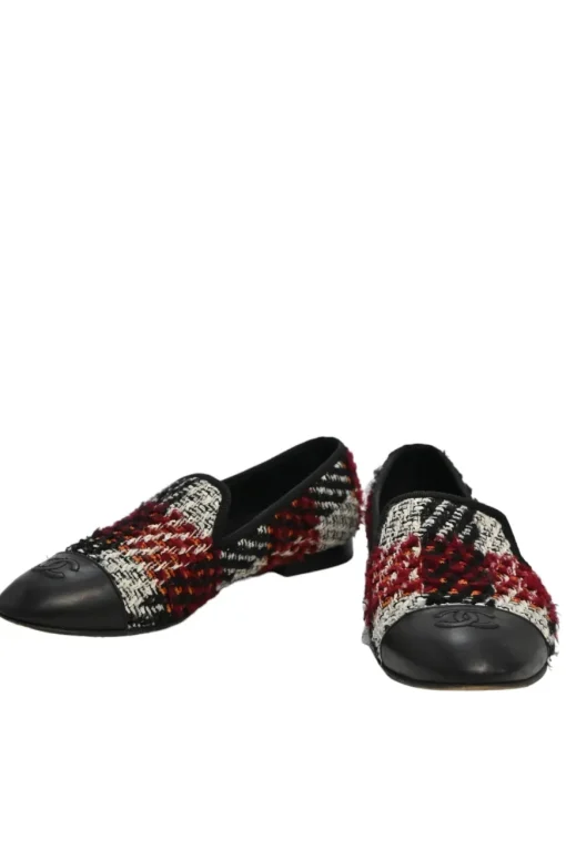 Red check tweed and leather round-toe slip-on loafers with contrasting Coco Mark topstitched cap toe