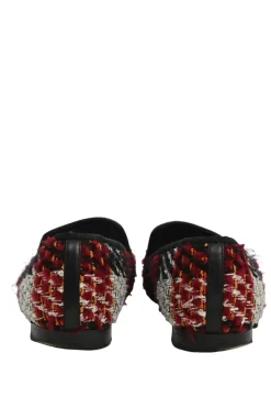 Red check tweed and leather round-toe slip-on loafers with contrasting Coco Mark topstitched cap toe