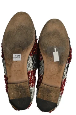 Red check tweed and leather round-toe slip-on loafers with contrasting Coco Mark topstitched cap toe