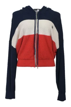 Red cotton-blend striped loop terry zip-up hoodie