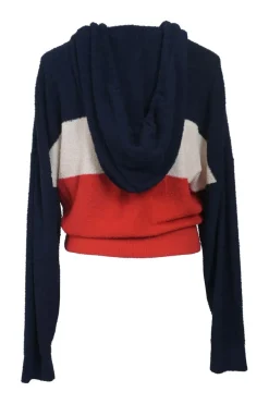 Red cotton-blend striped loop terry zip-up hoodie