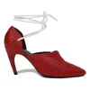 Red embossed leather pointed-toe lace-up pumps