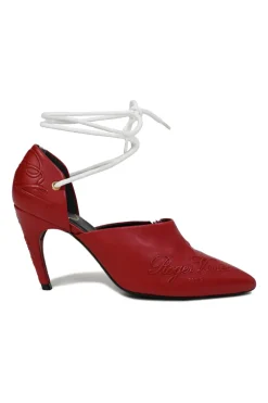Red embossed leather pointed-toe lace-up pumps