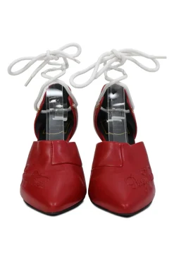 Red embossed leather pointed-toe lace-up pumps