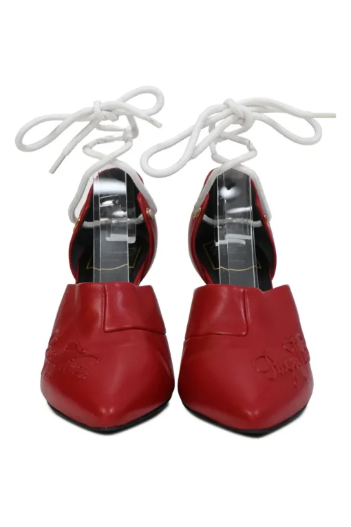 Red embossed leather pointed-toe lace-up pumps