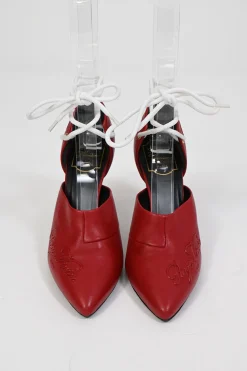 Red embossed leather pointed-toe lace-up pumps