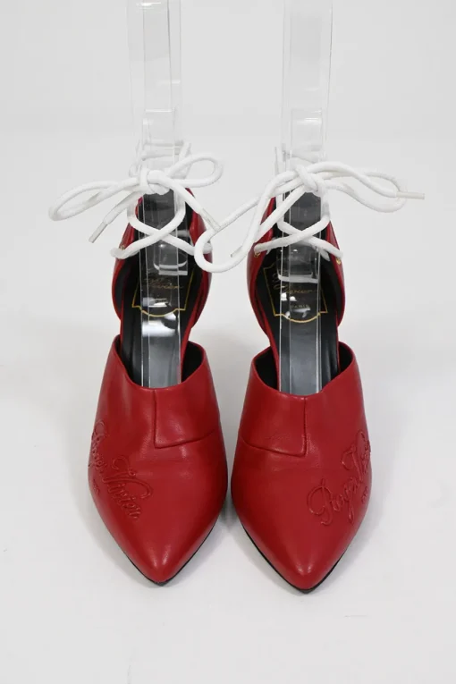 Red embossed leather pointed-toe lace-up pumps