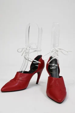 Red embossed leather pointed-toe lace-up pumps