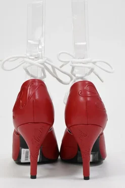 Red embossed leather pointed-toe lace-up pumps