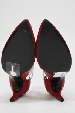Red embossed leather pointed-toe lace-up pumps