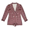 Red polyamide-blend bouclé check tweed double breasted notch lapel tailored romper