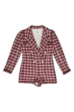 Red polyamide-blend bouclé check tweed double breasted notch lapel tailored romper