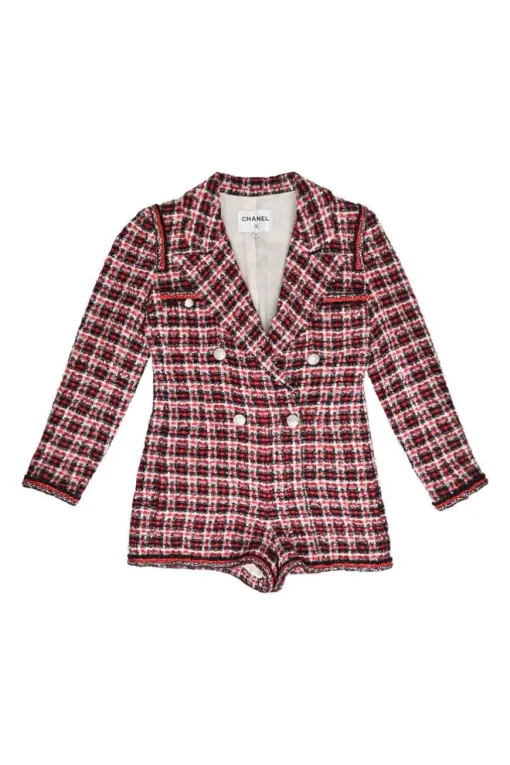 Red polyamide-blend bouclé check tweed double breasted notch lapel tailored romper
