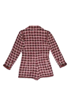 Red polyamide-blend bouclé check tweed double breasted notch lapel tailored romper