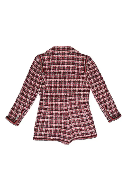 Red polyamide-blend bouclé check tweed double breasted notch lapel tailored romper