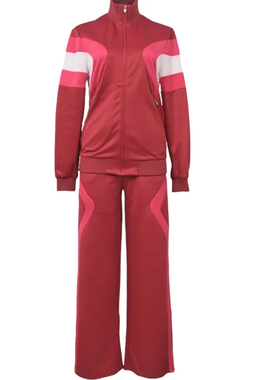 Red polyester-blend two-piece tracksuit with funnel collar zip-up jacket and high-rise wide-leg pants