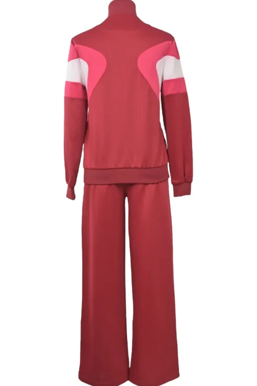 Red polyester-blend two-piece tracksuit with funnel collar zip-up jacket and high-rise wide-leg pants
